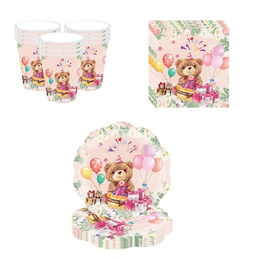 Talerzyki Jednorazowe MIŚ Tort Balony talerze papierowe URODZINY 23cm 8 szt