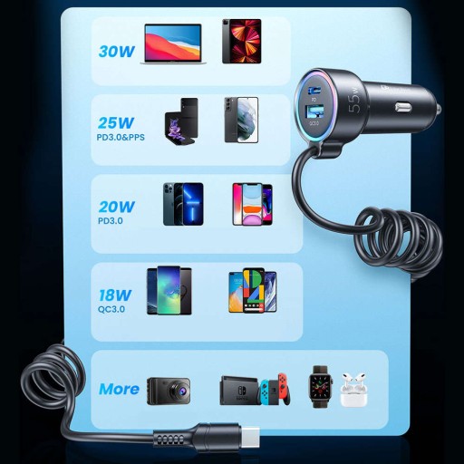 Быстрое автомобильное зарядное устройство Joyroom 3 в 1 с кабелем USB Type C 1,6 м, 60 Вт, чёрное