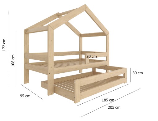 ŁÓŻKO DOMEK PODWÓJNE WYSUWANE PIĘTROWE 200X90 + BARIERKA + 2 STELAŻE W5