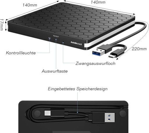 ZEWNĘTRZNY NAPĘD DVD Amicool, USB 3.0 Type-C CD DVD +/-RW NAGRYWARKA