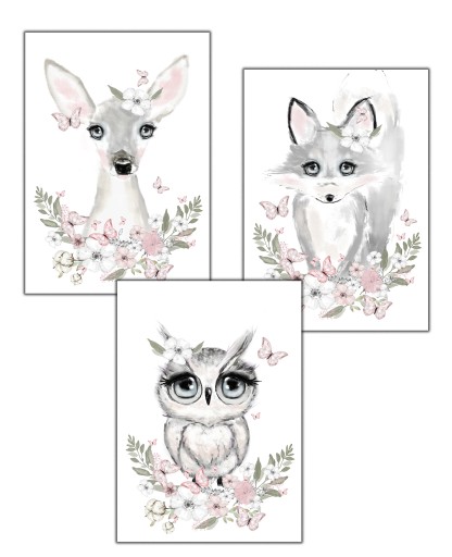 3 x plakat dla dziewczynki słonik panda motylki a3