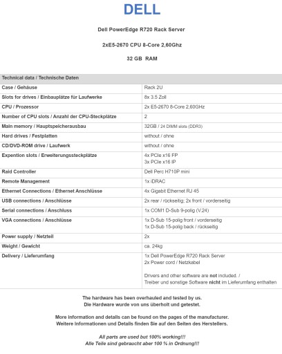 Сервер Dell R720 2U H710p mini, 2x E5-2670, 32 ГБ