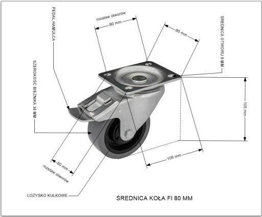 Zestaw 80 mm 4 szt guma koło MOCNE 550 KG kulkowe