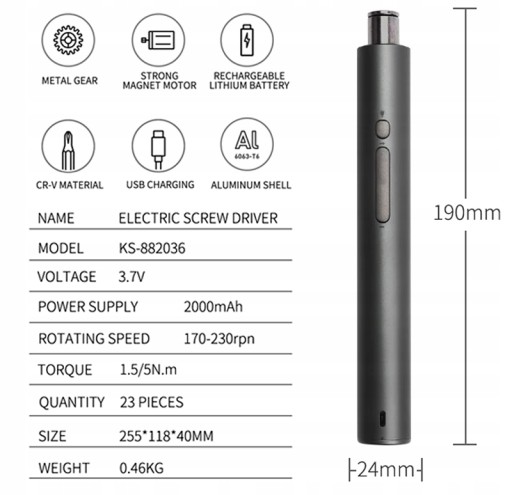 ЭЛЕКТРИЧЕСКАЯ ОТВЕРТКА АККУМУЛЯТОРНАЯ ОТВЕРТКА KS-882036 USB + 20 БИТ 23в1