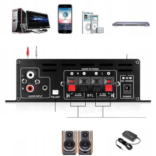 AK380 Domowy wzmacniacz samochodowy Bluetooth 12V