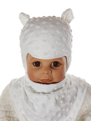 KOMPLET MINKY PODWÓJNA CZAPKA MIŚ + CHUSTKA 0-3M-C