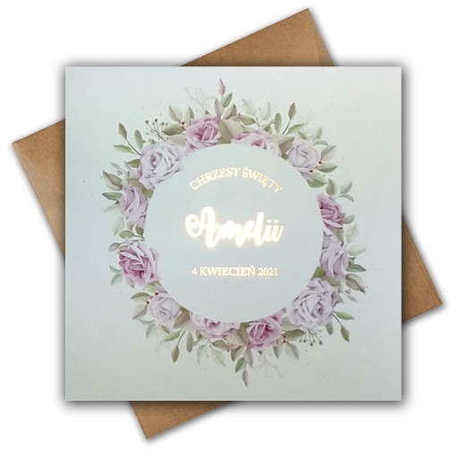 Zaproszenie na CHRZEST ŚWIĘTY KWIATY CHRZCINY ZŁOCONE złote PERSONALIZOWANE