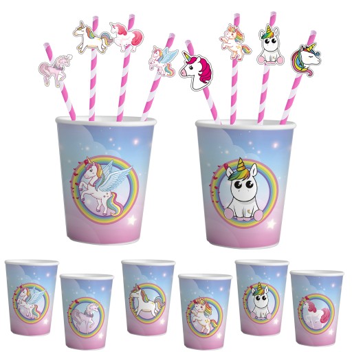 ZESTAW KUBKI + SŁOMKI URODZINOWE - JEDNOROŻEC UNICORN PRZYJĘCIE