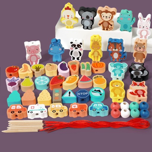 Montessori Educational Wooden Lacing Beads Toys for Toddler 3 4 5 65Pcs