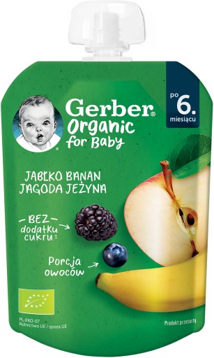 GERBER ORGANIC Десерт в тубе Яблоко Банан Ягода Ежевика 80г