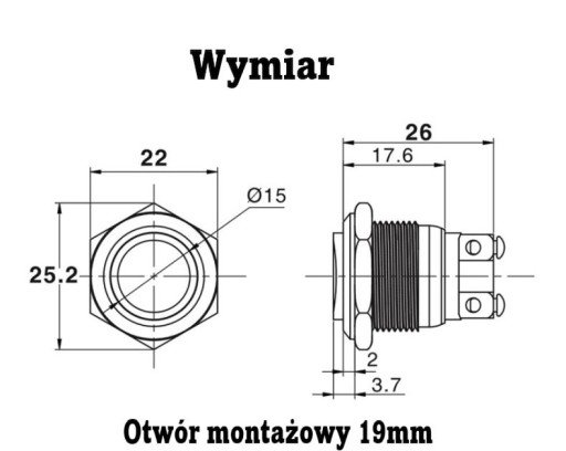 PRZYCISK wciskany włącznik wyłącznik przełącznik na panel 19 mm chrom stal