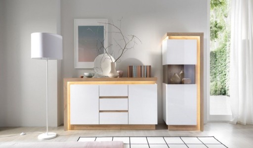 Высокая узкая витрина для гостиной Lyon Light Type LYOV03P - Белый/Дуб Ривьера