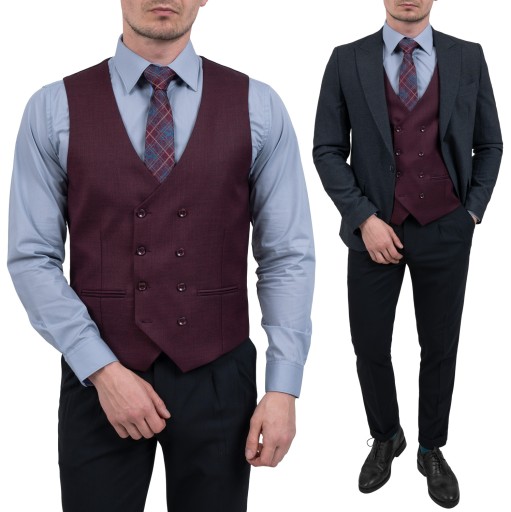 Kamizelka męska bordowa dwurzędowa elegancka Slim Fit - 60