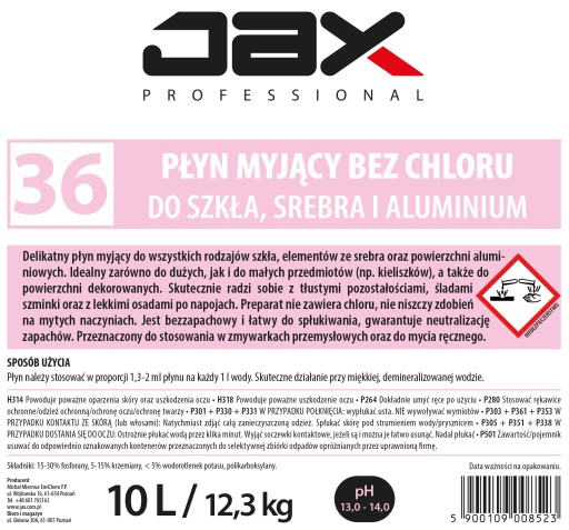 Jax Professional 36 10л - БЕЗ ХЛОРА ДЛЯ СТЕКЛА, СЕРЕБРА И АЛЮМИНИЯ НЕЖНЫЙ