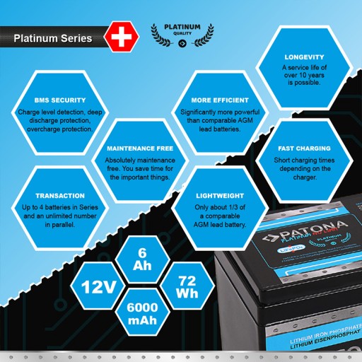 Akumulator LiFePO4 PATONA 12V 6Ah 72Wh 6.000mA