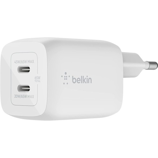 Настенное зарядное устройство Belkin GaN, 65 Вт, 2 порта USB-C PD PPS, белое, с быстрой зарядкой