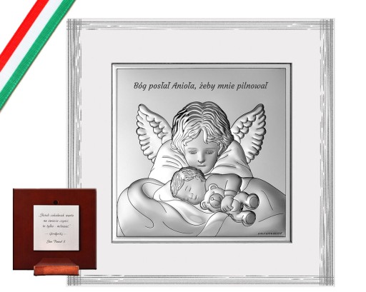 Kwadratowy srebrny obrazek z aniołem i tekstem 18x18cm na chrzest komunie