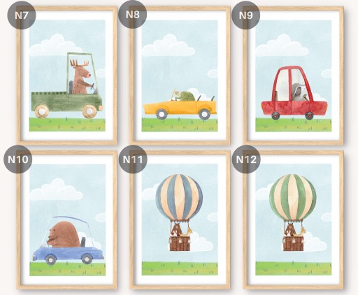 ZESTAW 3 PLAKATY OBRAZKI 30x40 ZWIERZĘTA AUTO BALON ŻYRAFA WZORY ZOO SAFARI
