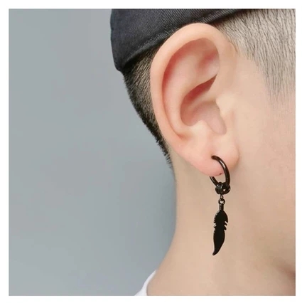 Серьга ART, нержавеющая сталь, Круг 1,7 см, Перо Черное