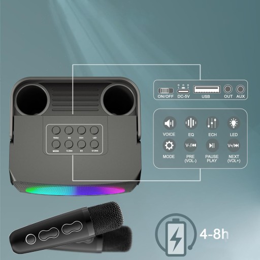 КАРАОКЕ-ДИНАМИК С BLUETOOTH 5.0 И 2 БЕСПРОВОДНЫМИ МИКРОФОНАМИ