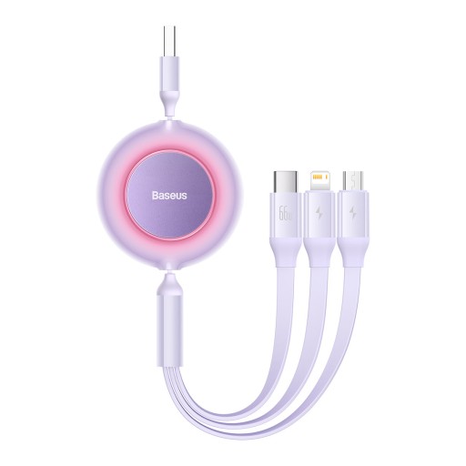 Втягивающийся кабель 3в1 USB microUSB + iPhone Lightning + USB-C 66Вт 1,1м