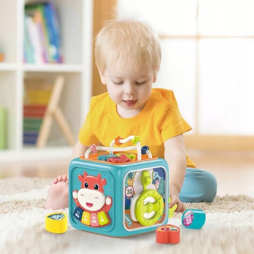 SORTER UKŁADANKA KOSTKA SENSORYCZNA KLOCKI EDUKACYJNA MONTESSORI 6w1 WOOPIE