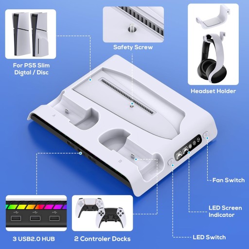 RGB ORGANIZATOR STACJA ŁADUJĄCA DO DualSense+PS5 SLIM 2023 COOLING FAN
