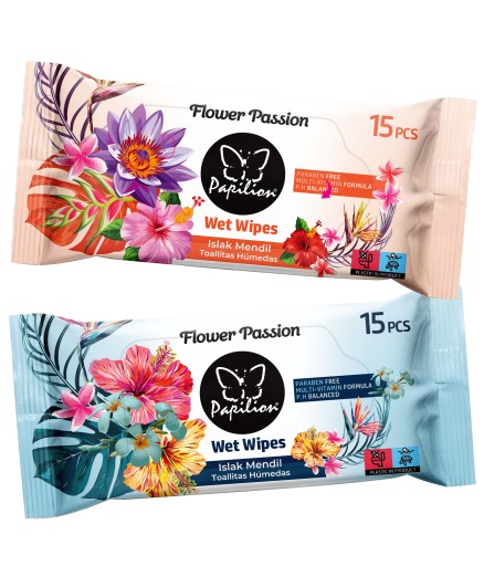 ВЛАЖНЫЕ САЛФЕТКИ PAPILION FLOWER PASSION С ЦВЕТОЧНЫМ ЗАПАХОМ, 15 шт.