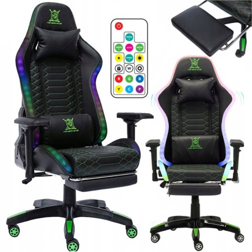 FOTEL GAMINGOWY DLA GRACZA OBROTOWY PODNÓŻEK PODUSZKI RGB LED + PILOT