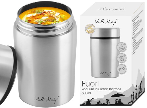 FUORI ВАКУУМНЫЙ СТАЛЬНОЙ ТЕРМОС ДЛЯ СУПА, РИСА, ПУДТАЙМА, СЕРЕБРЯНЫЙ 0,5 л