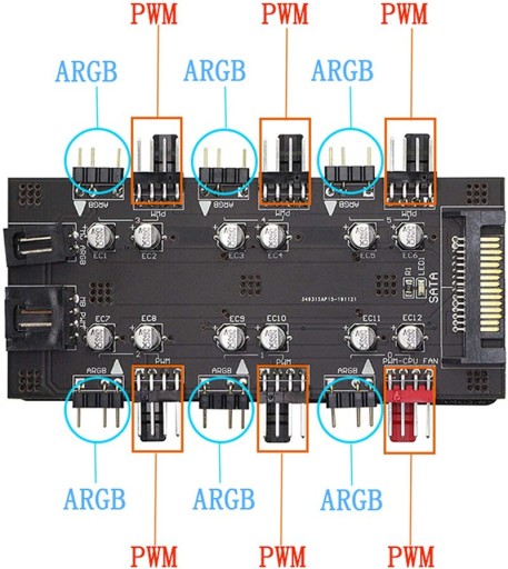 Концентратор SATA PWM + разветвитель aRGB на 6 вентиляторов