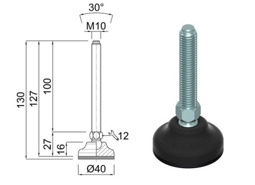 ПОВОРОТНАЯ НОЖКА FI40 M10x100 ПОЛИАМИД/ЦИНК PL 1000K