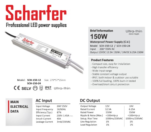Zasilacz LED wodoodp. 6.25A 150W 24V IP67 Scharfer