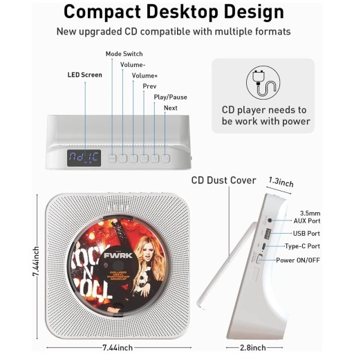 Przenośny odtwarzacz CD z Bluetoothem Podwójne głośniki Hi-Fi AUX i USB