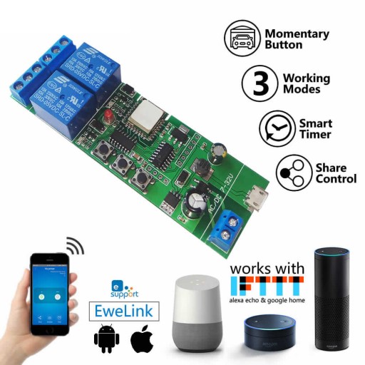 Sonoff 2CH DC 5-32 В Wi-Fi + RF беспотенциальный корпус