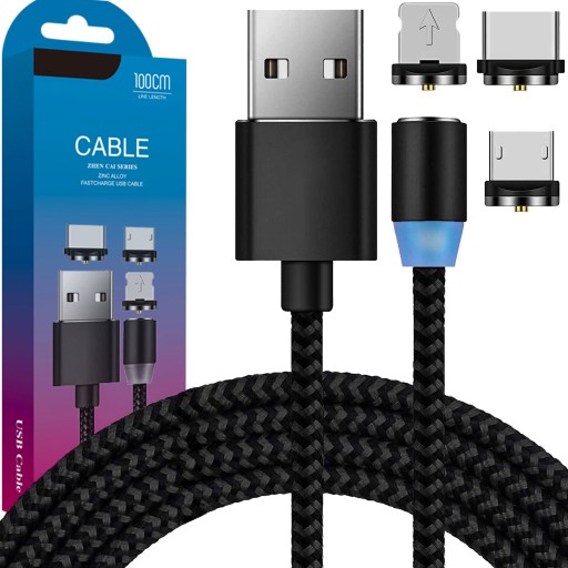 МАГНИТНЫЙ КАБЕЛЬ 3А 3В1 для IPHONE MICRO USB TYPE C