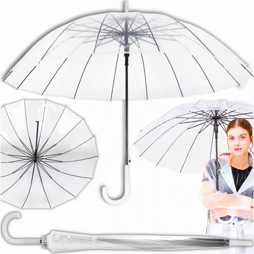 PARASOL TRANSPARENTNY PARASOLKA PRZEZROCZYSTA NA ŚLUB BIAŁA DUŻA SKŁADANA