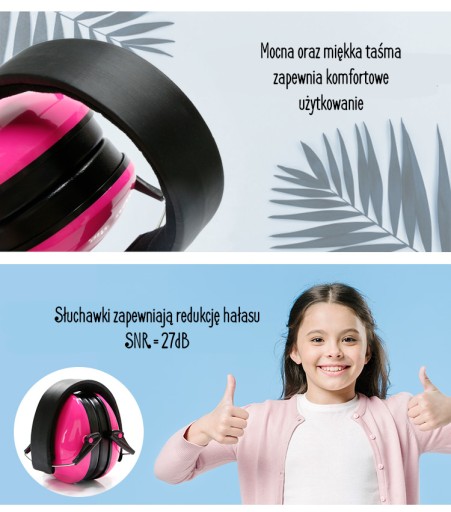 SŁUCHAWKI DZIECIĘCE 2+ OCHRONNE WYGŁUSZAJĄCE HAŁAS DLA DZIECI RÓŻOWE