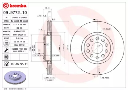 BREMBO ПЕРЕДНИЕ ТОРМОЗНЫЕ ДИСКИ 09.9772.11