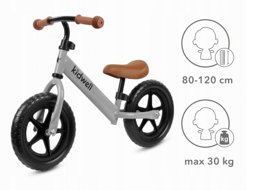 KIDWELL REBEL GREY БАЛАНСОВЫЙ ВЕЛОСИПЕД ЛЕГКИЕ РЕГУЛИРУЕМЫЕ КОЛЕСА 12, 80–120 см