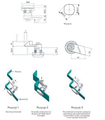ZAMEK ZATRZASKOWY MEBLOWY DO SZAFKI SPRĘŻYNOWY DWUBRODOWY 22 X 23 MM LEWY
