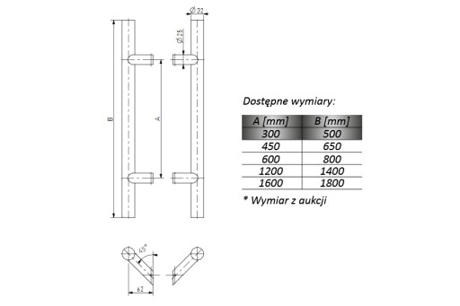 INOX Дверная ручка Ручка, круглая, 500 мм/45°
