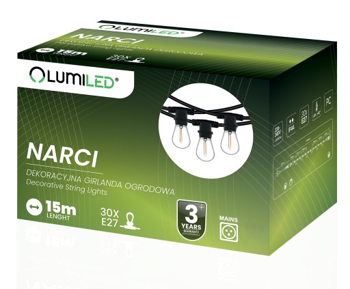 Girlanda Ogrodowa ZEWNĘTRZNA Łańcuch Żarówka FILAMENT 15m 30LEDxE27 PREMIUM
