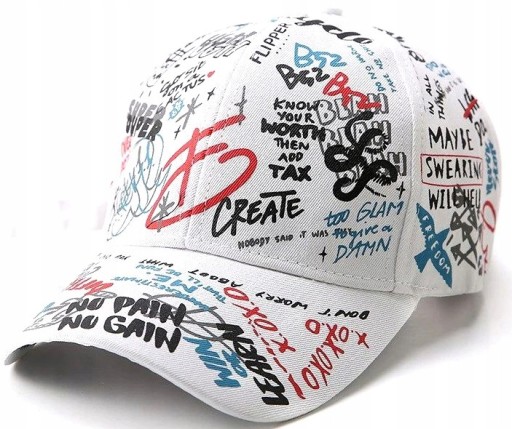 Czapka z daszkiem Graffiti BEJSBOLÓWKA Damska Męska biała Lato napisy PUNK