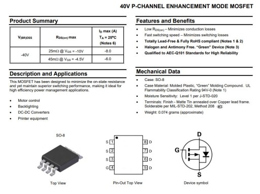 P-MOSFET транзистор 40В 6А 8-SOIC DMP4025LSS-13