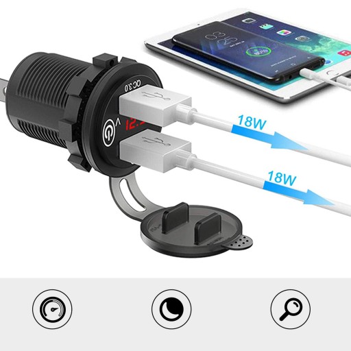 ЗАРЯДНОЕ УСТРОЙСТВО ДЛЯ МОТОЦИКЛА 2xUSB QC3.0 Кнопка вольтметра