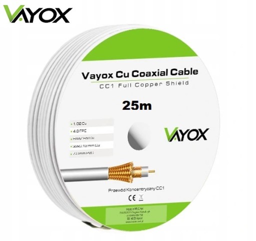 KABEL PRZEWÓD KONCENTRYCZNY ANTENOWY TV RG6U 4K MIEDŹ CU ODPORNY VAYOX 25M