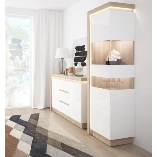 Высокая узкая витрина для гостиной Lyon Light Type LYOV03P - Белый/Дуб Ривьера
