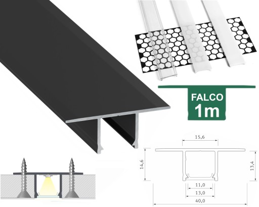 PROFIL LED GK DO PŁYT GIPS KARTON TYP FALCO CZARNY 1M ALUMINIOWY + KLOSZ