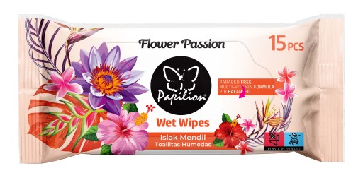 ВЛАЖНЫЕ САЛФЕТКИ PAPILION FLOWER PASSION С ЦВЕТОЧНЫМ ЗАПАХОМ, 15 шт.